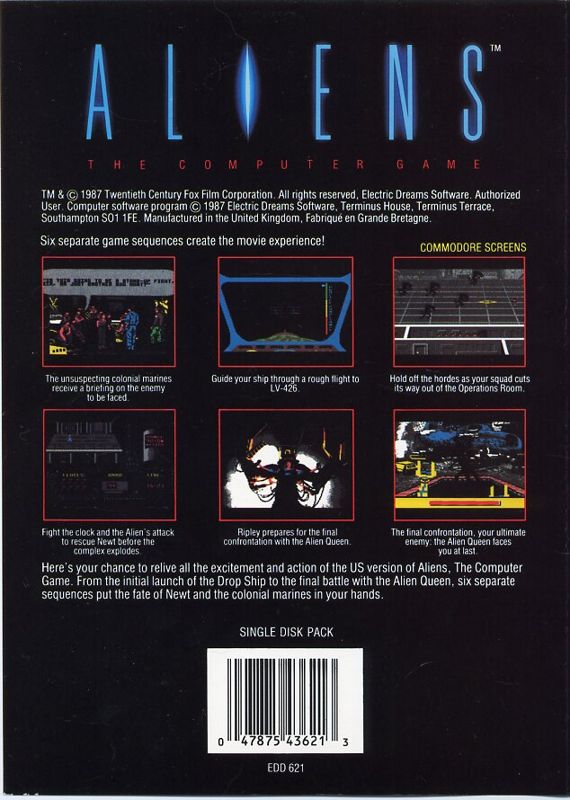 Back Cover for Aliens: The Computer Game (Commodore 64)