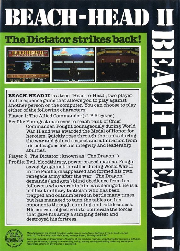 Back Cover for Beach-Head II: The Dictator Strikes Back (Commodore 64) (Plastic Folder)