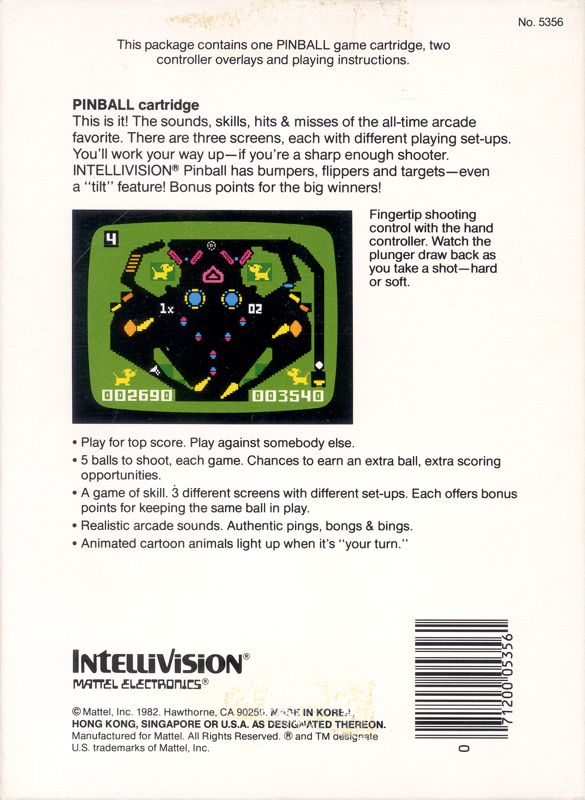 Back Cover for Pinball (Intellivision)
