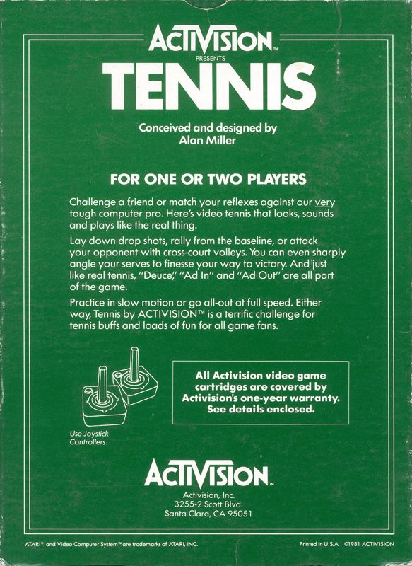 Back Cover for Tennis (Atari 2600)