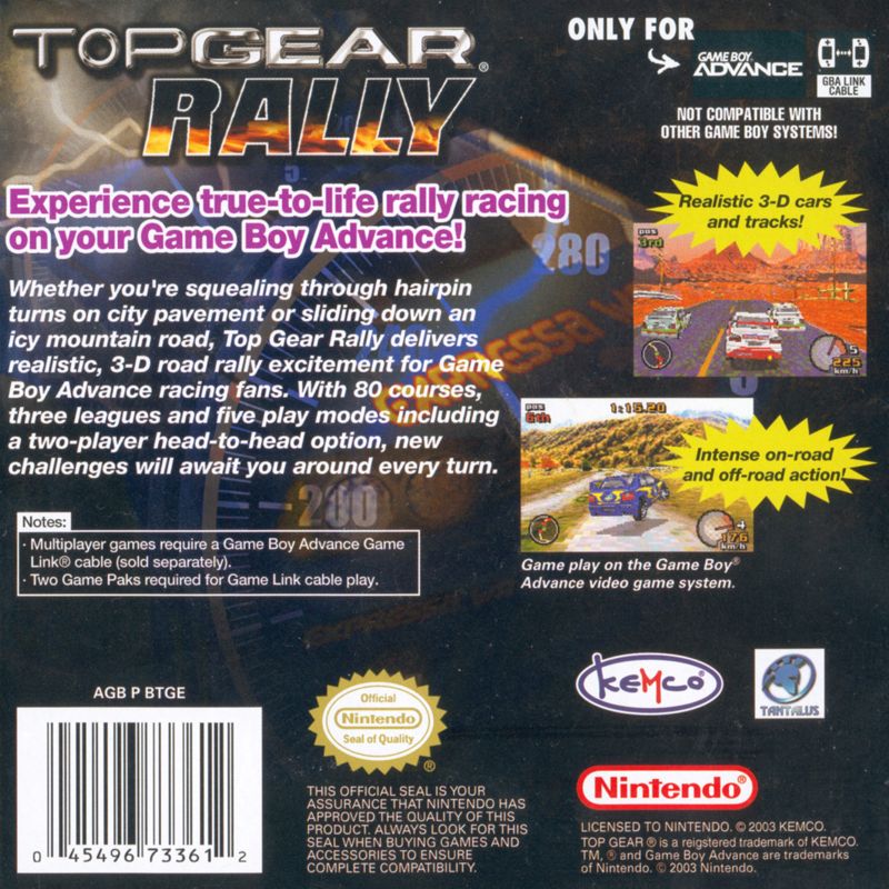 Back Cover for Top Gear: Rally (Game Boy Advance)