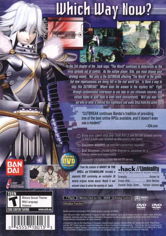 Back Cover for .hack//Outbreak: Part 3 (PlayStation 2) (Also contains Vol 3 of the .hack//Liminality Anime DVD series. )
