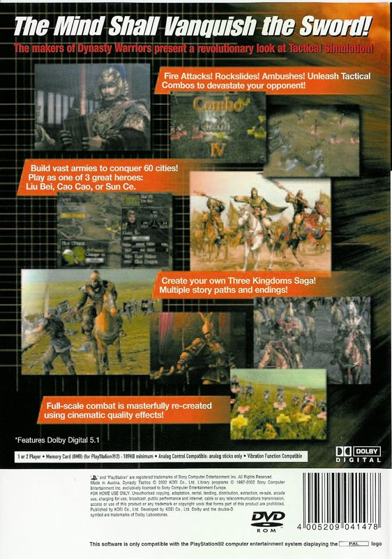 Back Cover for Dynasty Tactics (PlayStation 2)