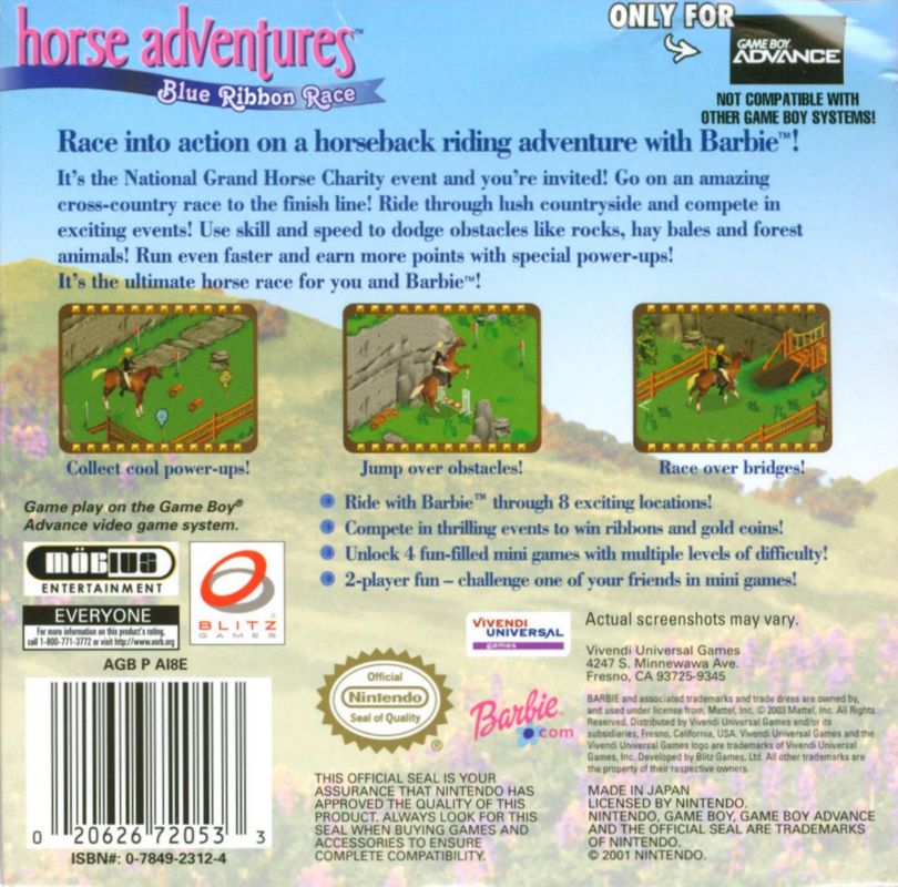 Back Cover for Barbie Horse Adventures: Blue Ribbon Race (Game Boy Advance)