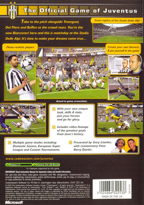 Back Cover for Club Football: 2003/04 Season (Xbox) (Juventus Localized Version)