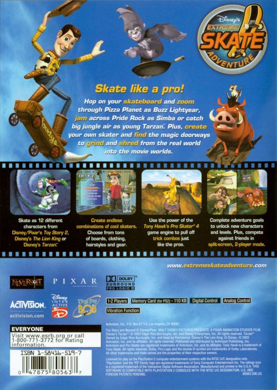 Back Cover for Disney's Extreme Skate Adventure (PlayStation 2)