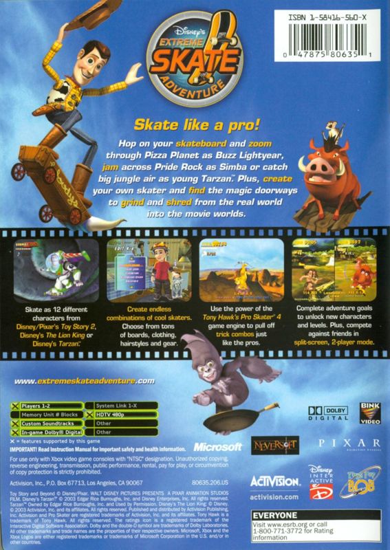 Back Cover for Disney's Extreme Skate Adventure (Xbox)