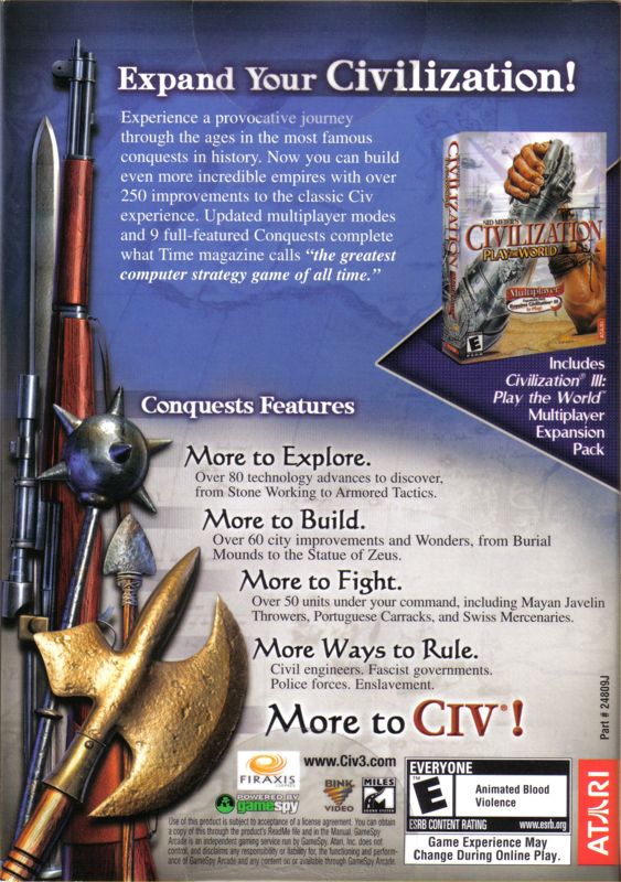 Back Cover for Sid Meier's Civilization III: Conquests (Windows) (Autographed copy)