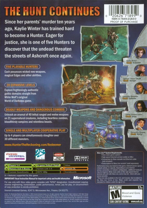 Back Cover for Hunter: The Reckoning - Redeemer (Xbox)