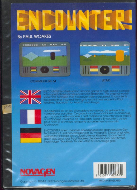 Back Cover for Encounter! (Atari 8-bit and Commodore 64) (Novagen Classic Plastic folder release)
