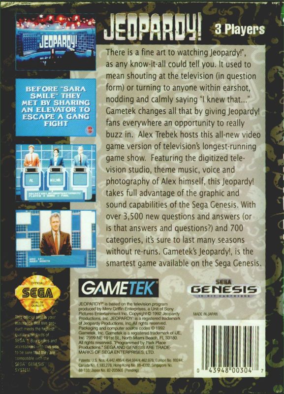 Back Cover for Jeopardy! (Genesis)