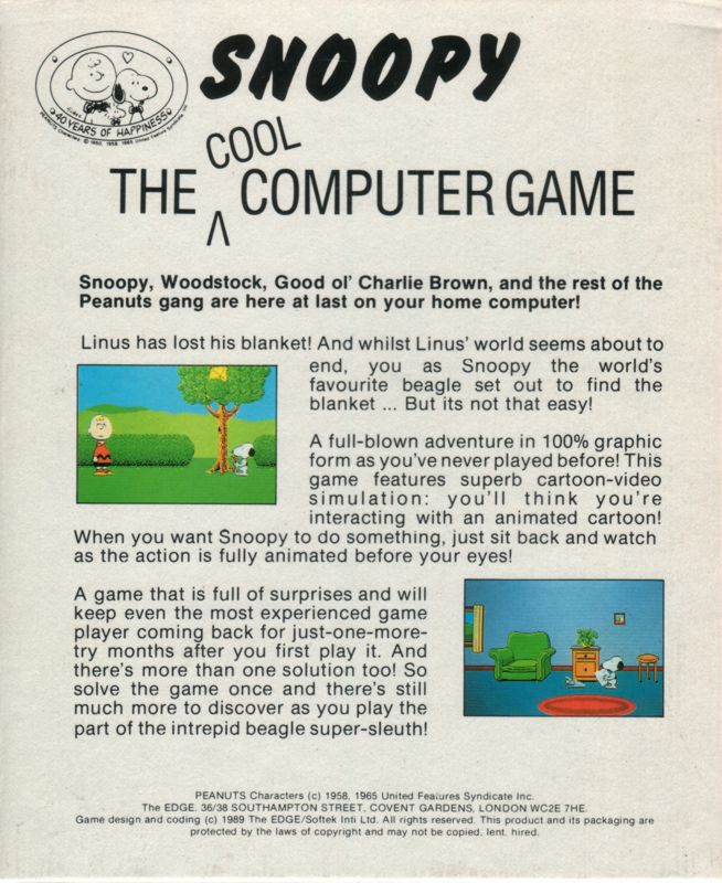 Back Cover for Snoopy: The Cool Computer Game (Atari ST)