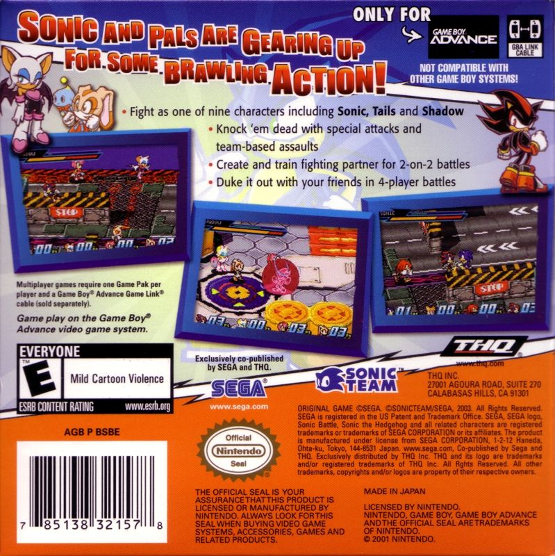 Back Cover for Sonic Battle (Game Boy Advance)