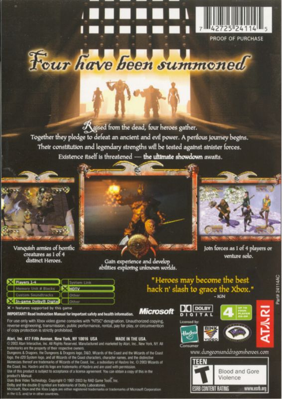 Back Cover for Dungeons & Dragons: Heroes (Xbox)