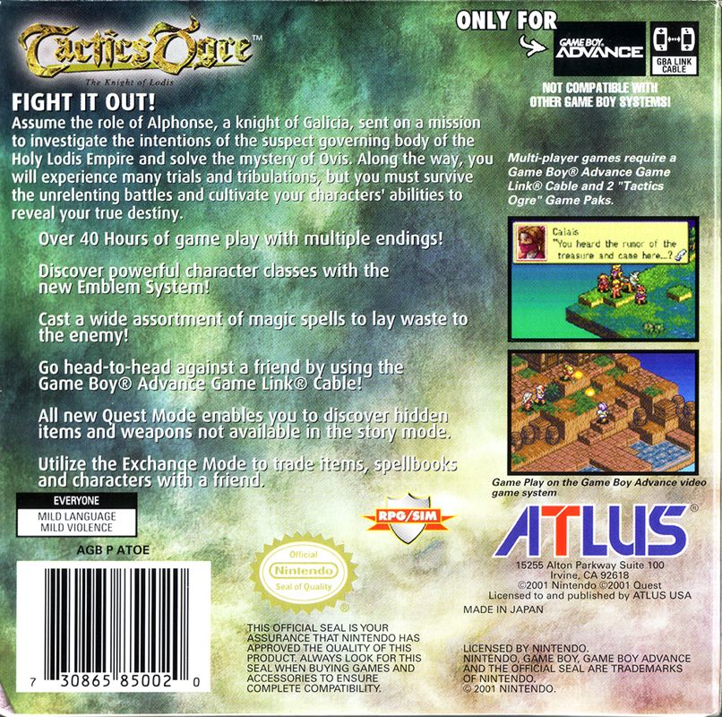 Back Cover for Tactics Ogre: The Knight of Lodis (Game Boy Advance)