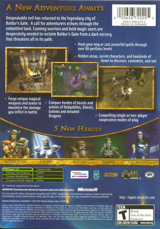 Back Cover for Baldur's Gate: Dark Alliance II (Xbox)