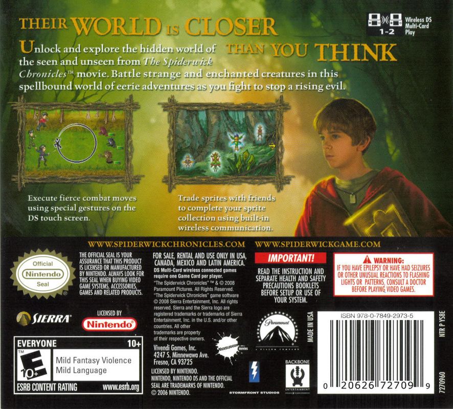 Back Cover for The Spiderwick Chronicles (Nintendo DS)