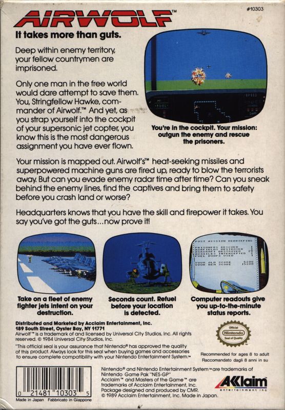 Back Cover for Airwolf (NES)