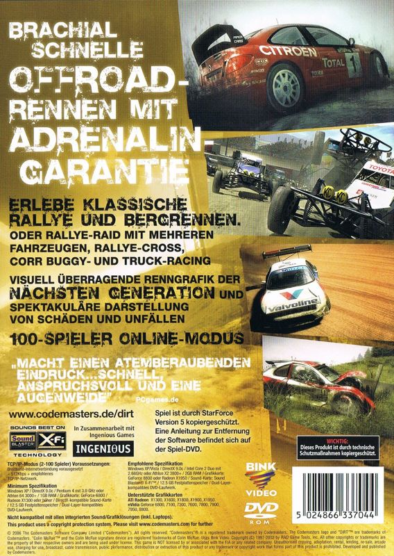 Back Cover for DiRT (Windows) (Re-release)