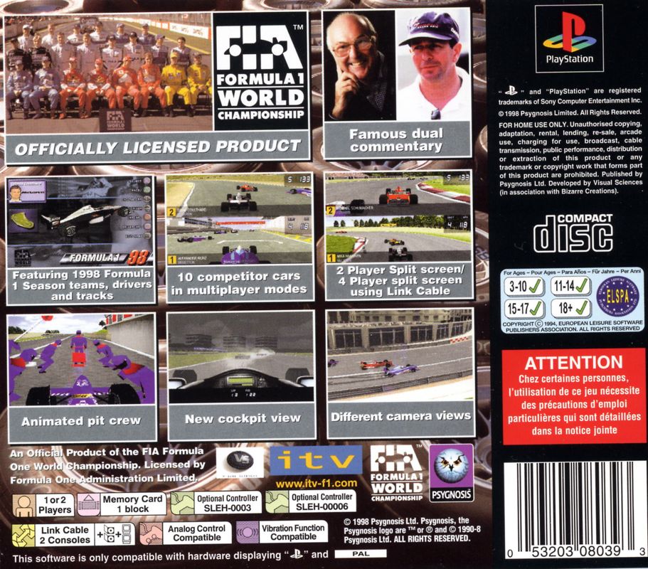 Back Cover for Formula 1 98 (PlayStation)