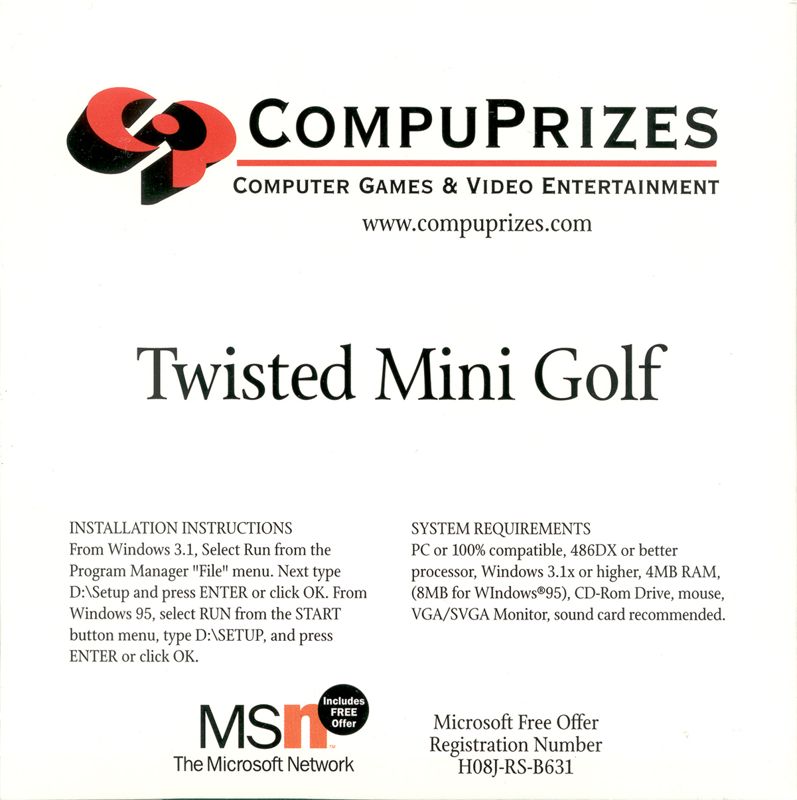 Back Cover for Twisted Mini Golf (Windows 3.x) (Bundled release)