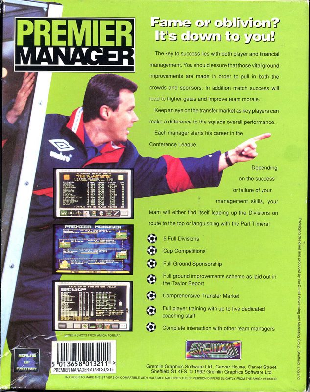 Back Cover for Premier Manager (Atari ST)