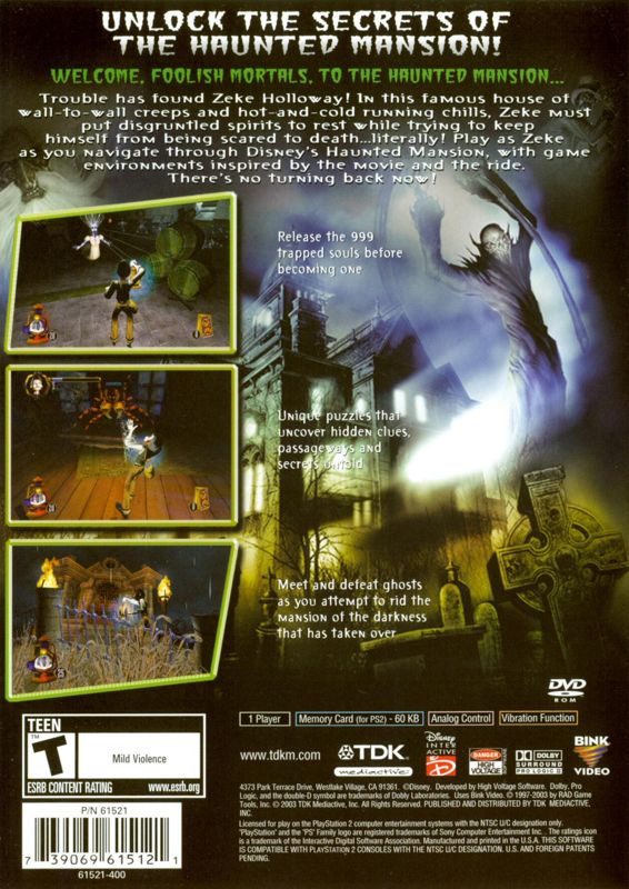 Back Cover for Disney's The Haunted Mansion (PlayStation 2)