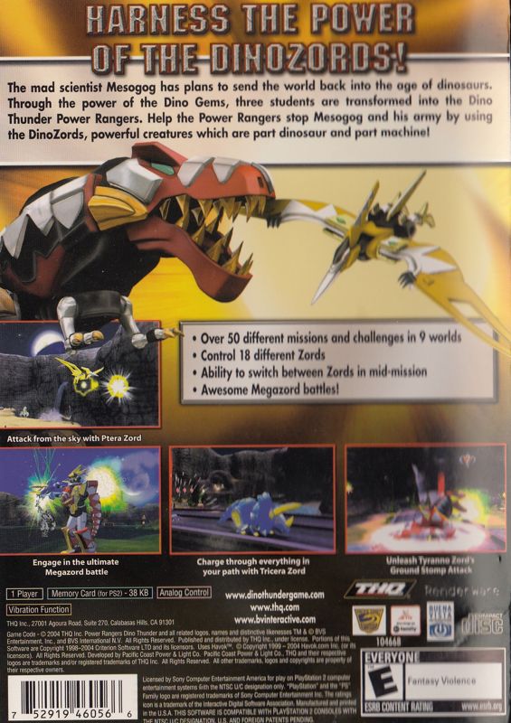 Back Cover for Power Rangers: Dino Thunder (PlayStation 2)