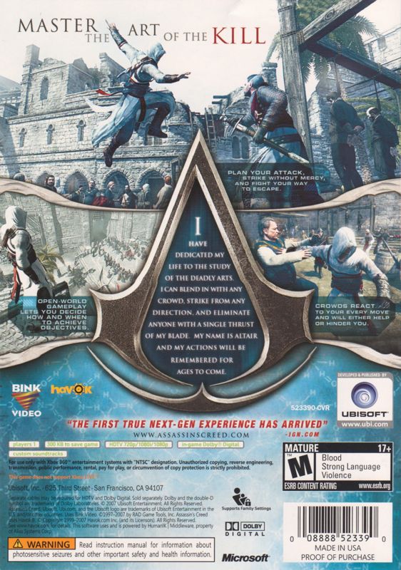 Back Cover for Assassin's Creed (Xbox 360)