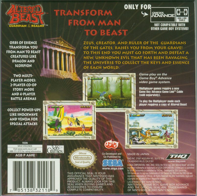 Back Cover for Altered Beast: Guardian of the Realms (Game Boy Advance)