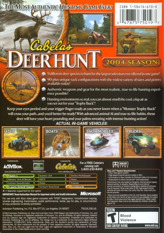 Back Cover for Cabela's Deer Hunt: 2004 Season (Xbox)
