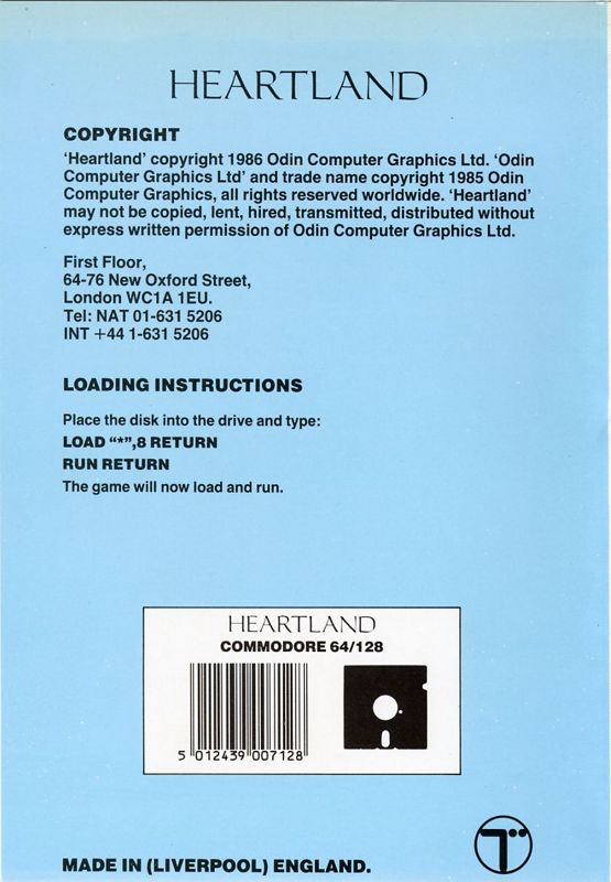 Back Cover for Heartland (Commodore 64)