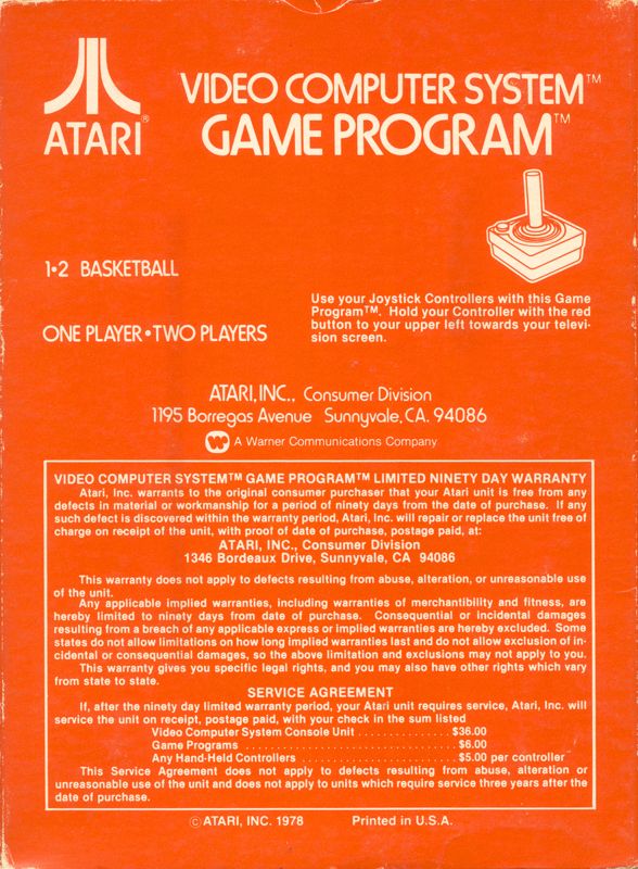 Back Cover for Basketball (Atari 2600)