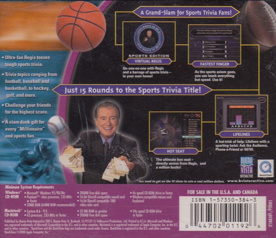Back Cover for Who Wants to Be a Millionaire: Sports Edition (Macintosh and Windows)