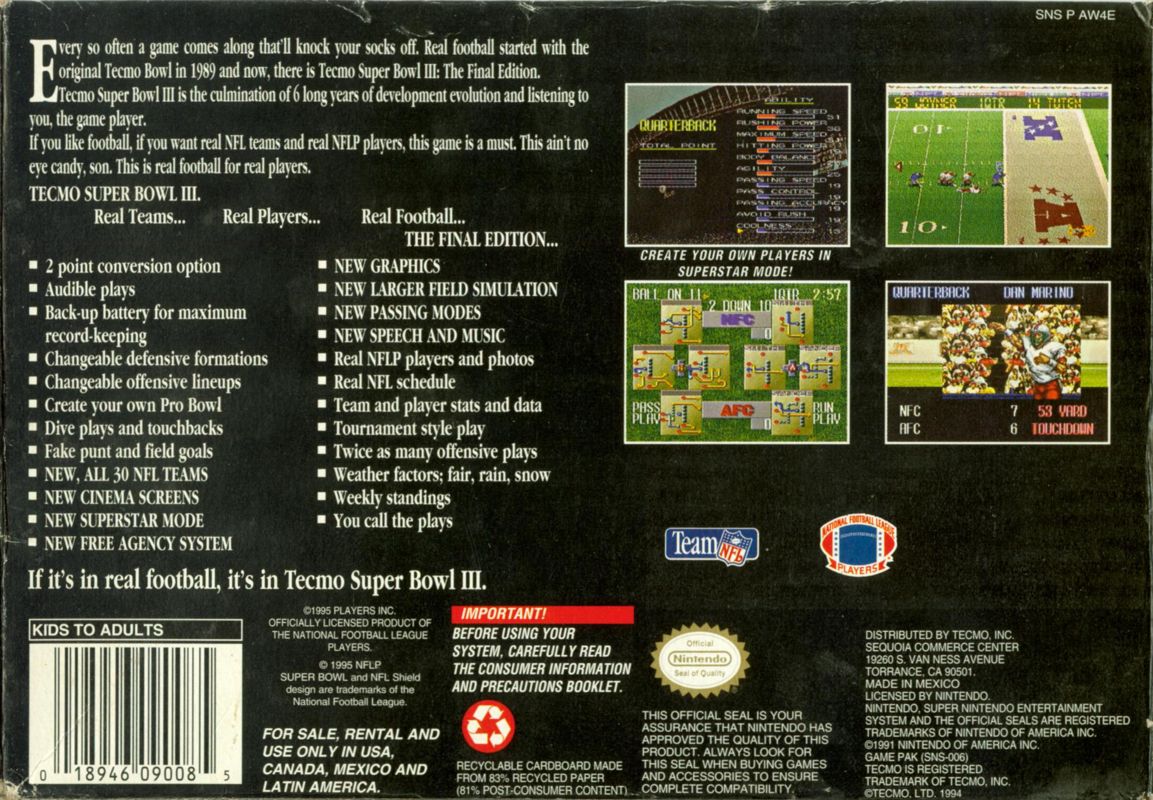 Back Cover for Tecmo Super Bowl III: Final Edition (SNES)