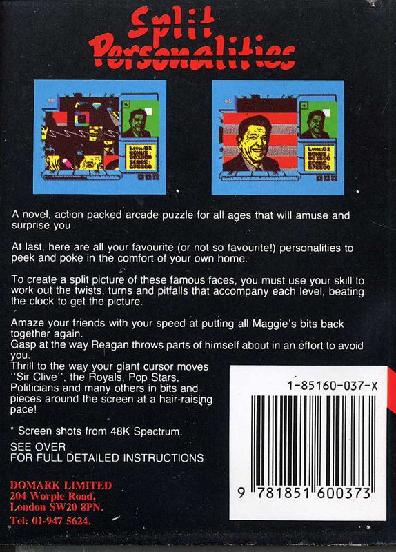Back Cover for Split Personalities (Amstrad CPC)