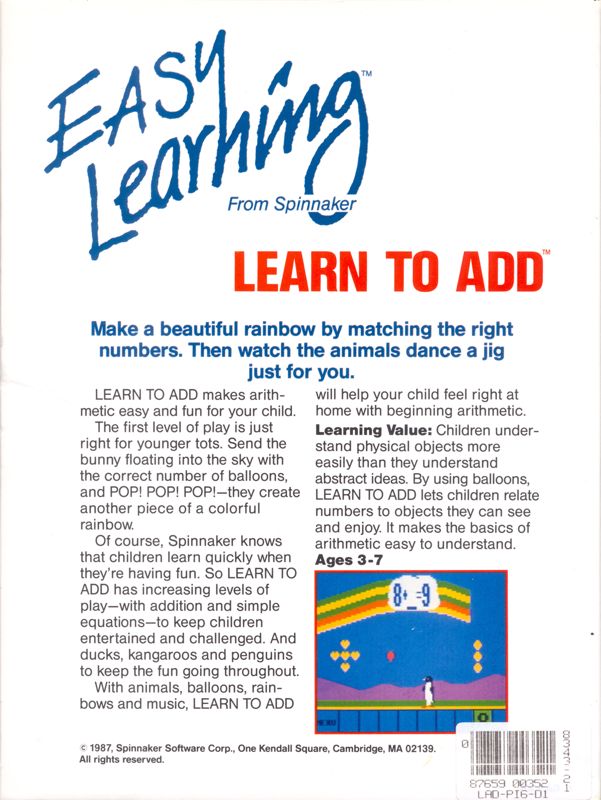 Back Cover for Learn to Add (Apple II and Commodore 64 and DOS)