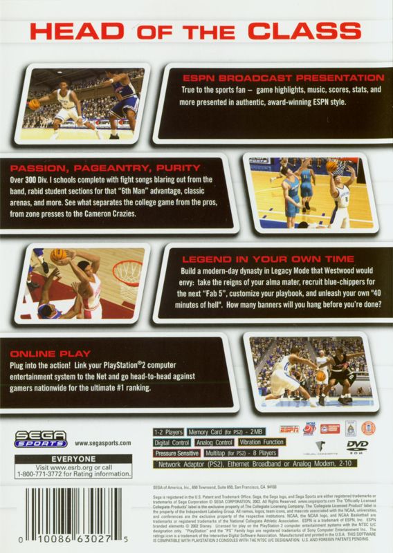 Back Cover for NCAA College Basketball 2K3 (PlayStation 2)