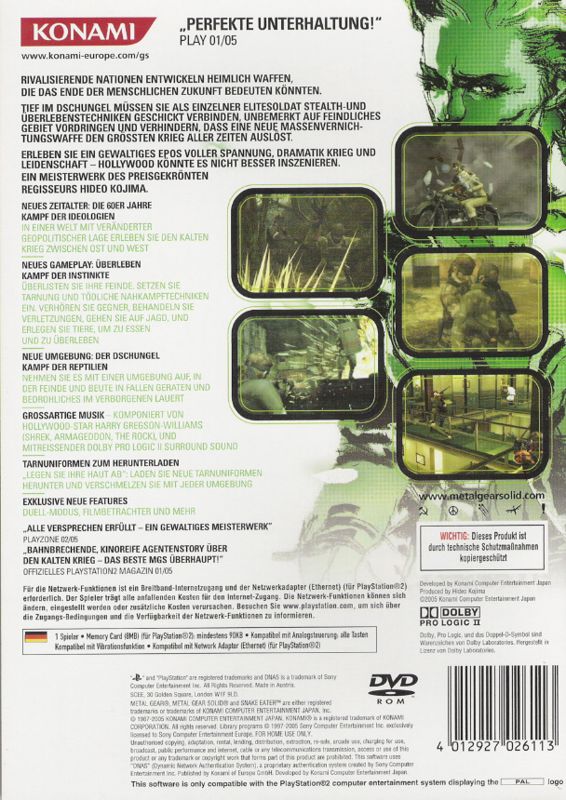 Back Cover for Metal Gear Solid 3: Snake Eater (PlayStation 2)