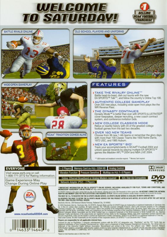 Back Cover for NCAA Football 2004 (PlayStation 2)