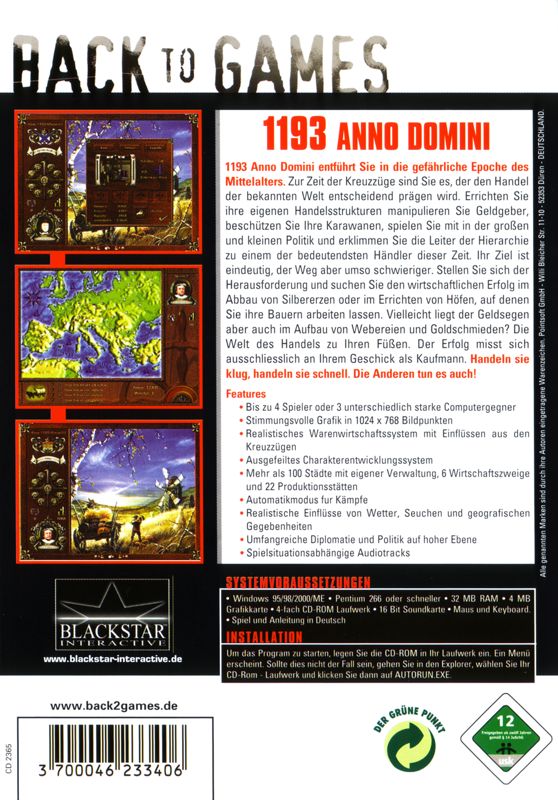 Back Cover for 1193 Anno Domini: Merchants and Crusader (Windows) (Back to Games release)