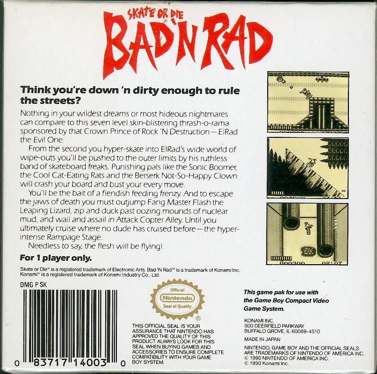 Back Cover for Skate or Die: Bad 'N Rad (Game Boy)