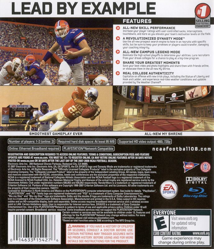 Back Cover for NCAA Football 08 (PlayStation 3)