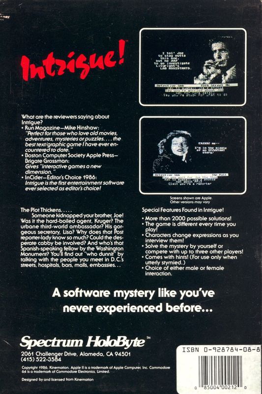 Back Cover for Intrigue! (Apple II)