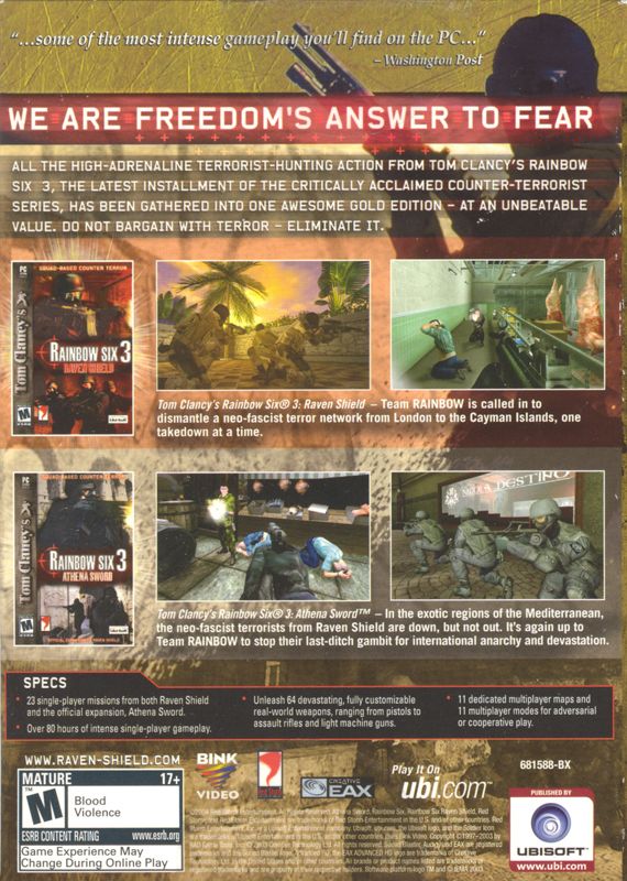 Back Cover for Tom Clancy's Rainbow Six 3: Gold Edition (Windows)