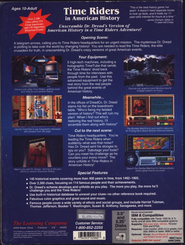 Back Cover for Time Riders in American History (DOS)
