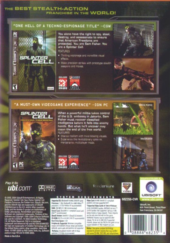 Back Cover for Tom Clancy's Splinter Cell: Espionage Pack (Windows)