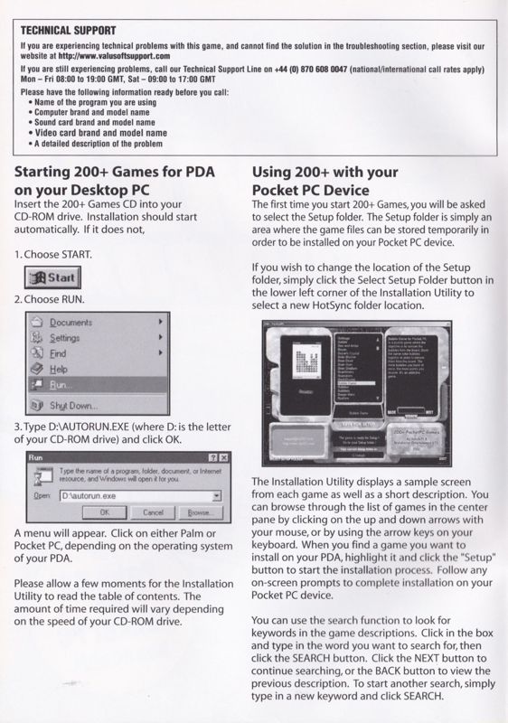 Inside Cover for 200+ Games for PDA (Palm OS and Windows Mobile): Left