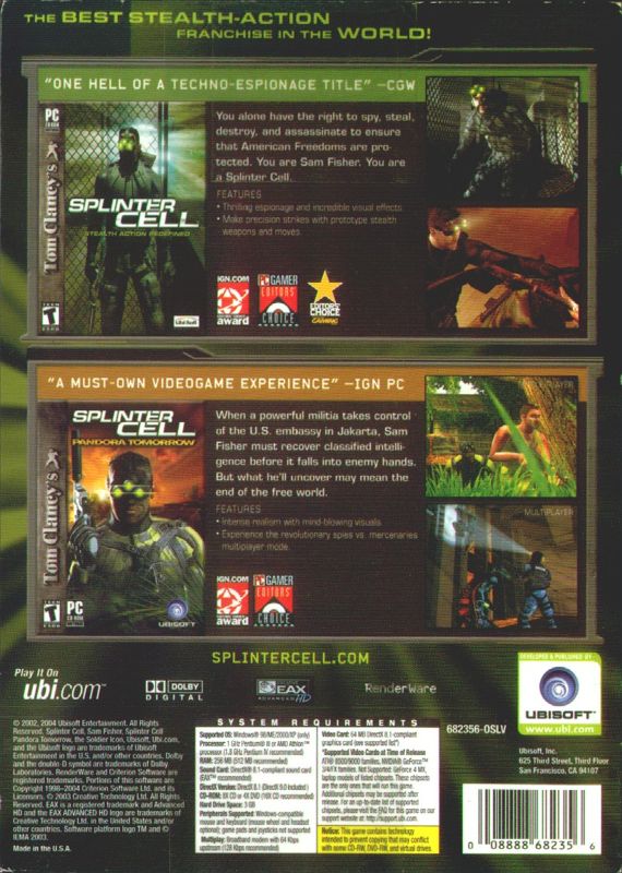 Other for Tom Clancy's Splinter Cell: Espionage Pack (Windows): Cardboard slip cover (back).