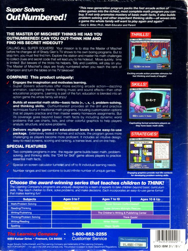 Back Cover for Super Solvers: OutNumbered! (DOS)